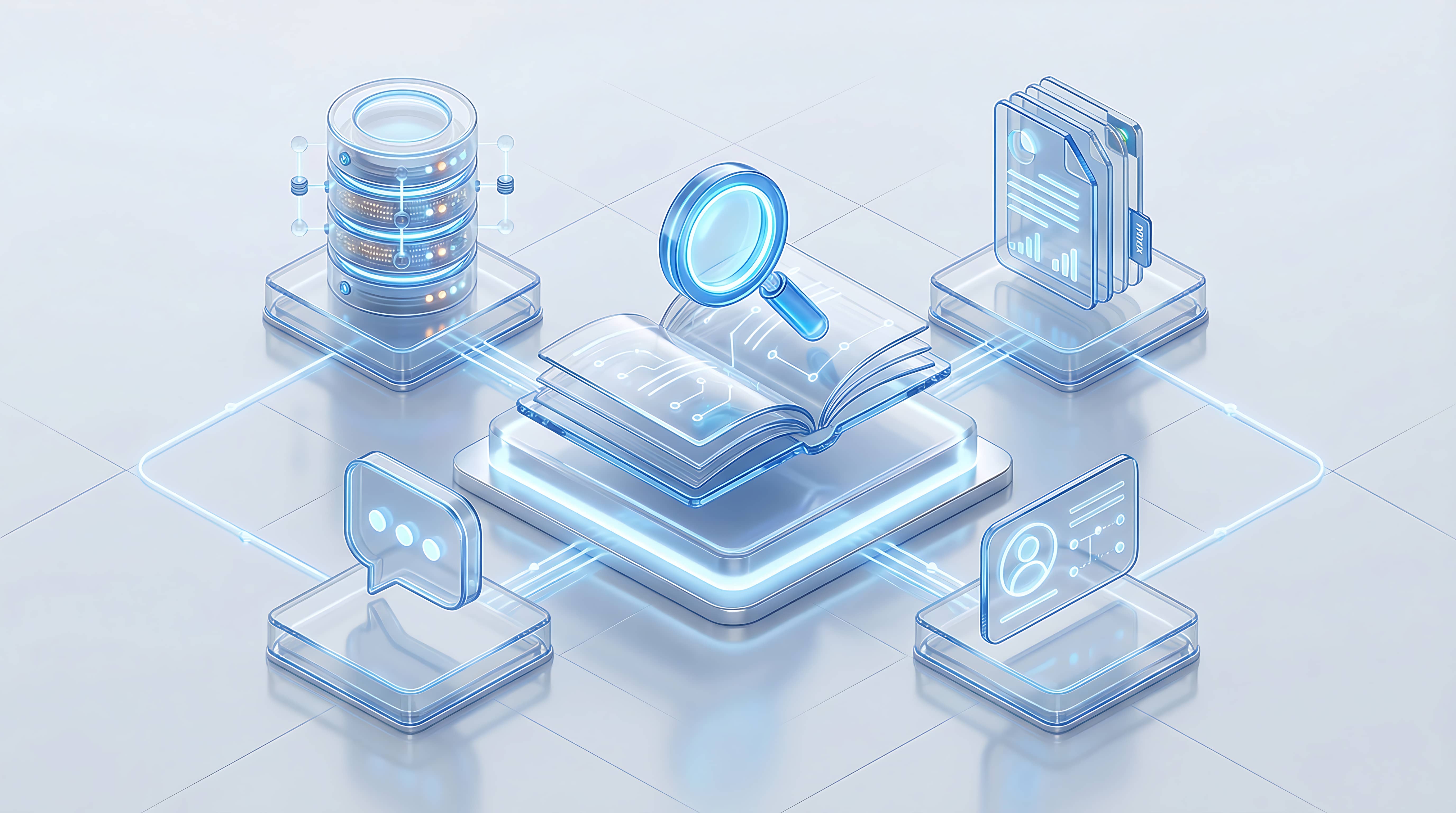 Abstract graphic of open book with magnifying glass and data icons.